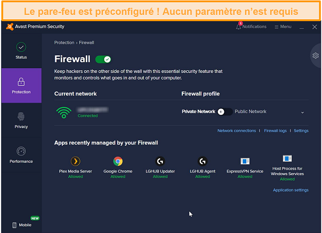 Capture d'écran de l'écran du pare-feu d'Avast.