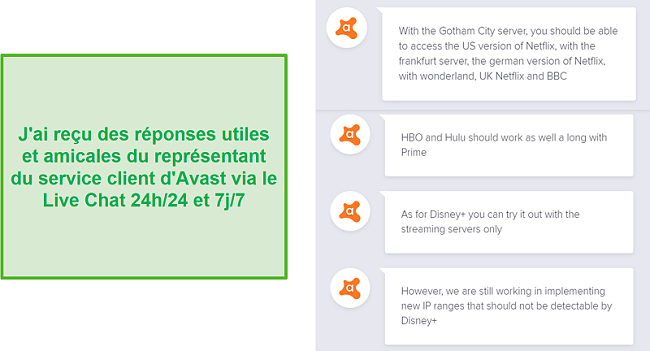 Capture d'écran d'un chat en direct avec un agent de support Avast