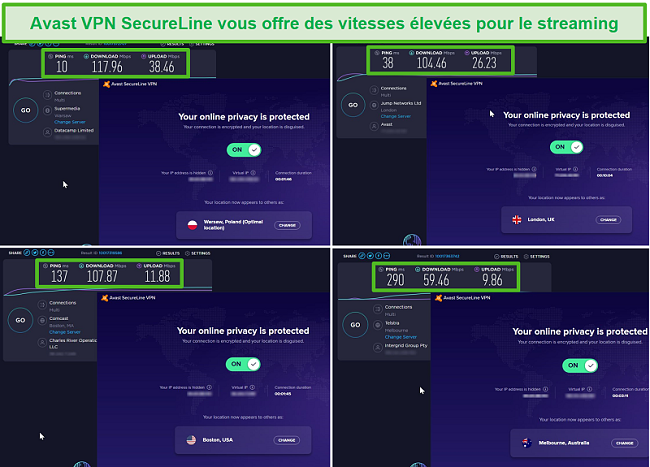 Capture d'écran des tests de vitesse VPN SecureLine d'Avast en Pologne, au Royaume-Uni, aux États-Unis et en Australie