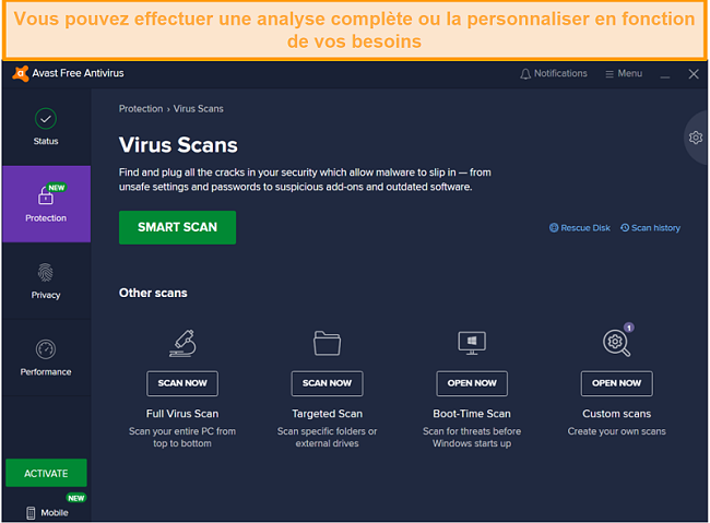 Présentation des analyses des menaces d'Avast, de l'analyse de démarrage à l'analyse complète à l'échelle du système.