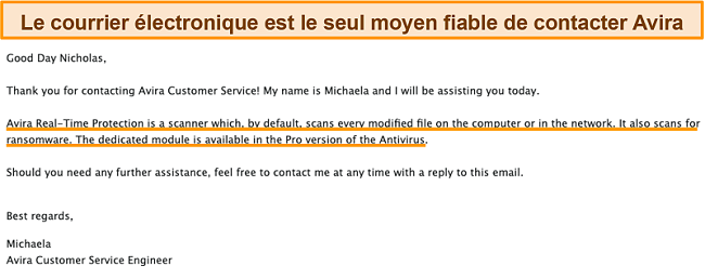 Capture d'écran d'un échange d'e-mails entre l'antivirus Avira et un client