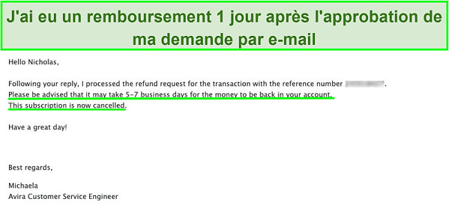 Capture d'écran d'un e-mail avec l'assistance client Avira demandant un remboursement