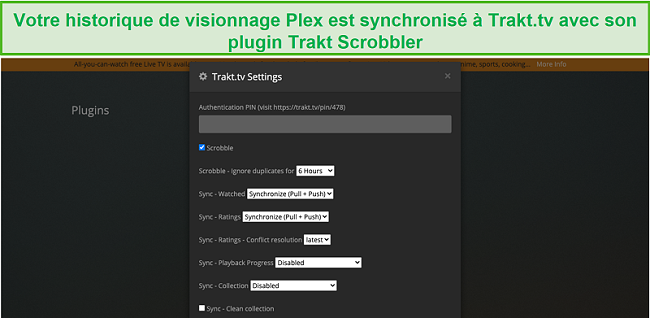 Capture d'écran du plugin Trakt Scrobbler pour Plex.