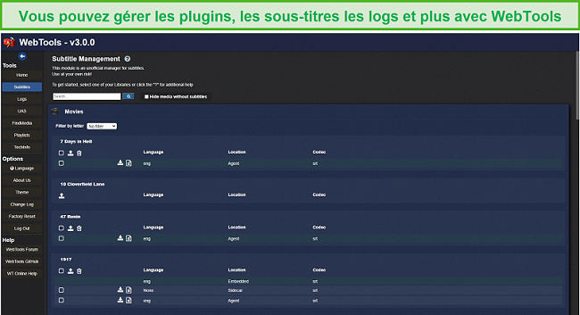 Capture d'écran de l'application WebTools pour Plex.