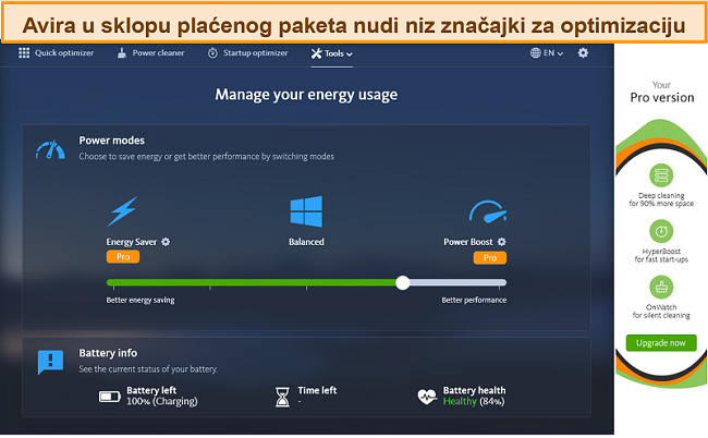 Snimka zaslona Avira antivirusa i njegovih alata za optimizaciju na plaćenoj premiji