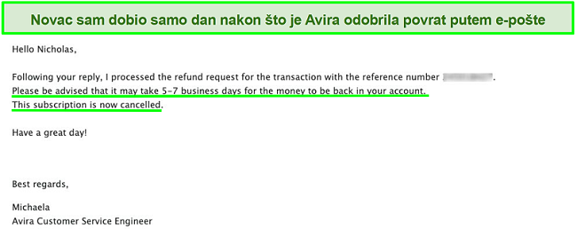 Snimka zaslona e-pošte s korisničkom podrškom Avire koja traži povrat novca