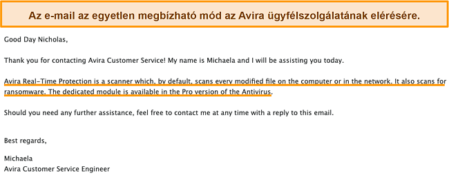 Pillanatkép az Avira antivírus és az ügyfél közötti e-mail-cseréről
