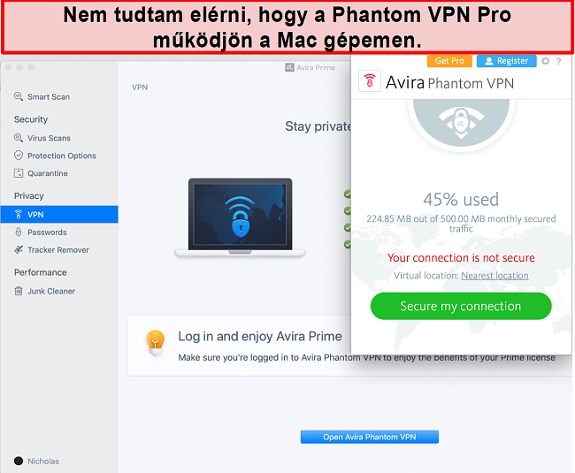 Az Avira Phantom VPN képernyőképe Mac-en.