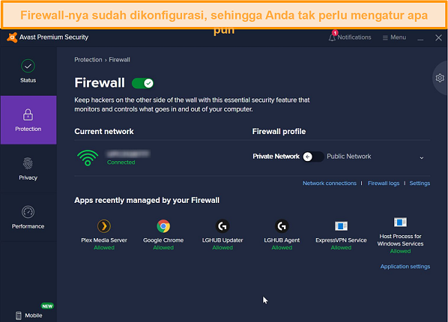 Tangkapan layar dari layar firewall Avast.