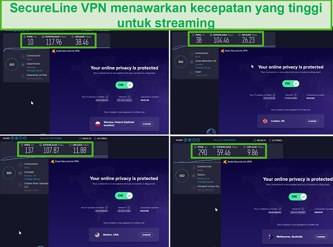 Tangkapan layar tes kecepatan VPN SecureLine Avast dari Polandia, Inggris, AS, dan Australia