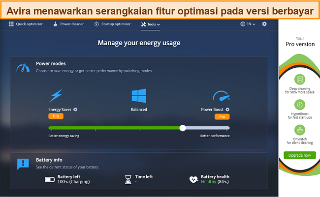 Screenshot antivirus Avira dan alat optimasinya pada premium berbayar