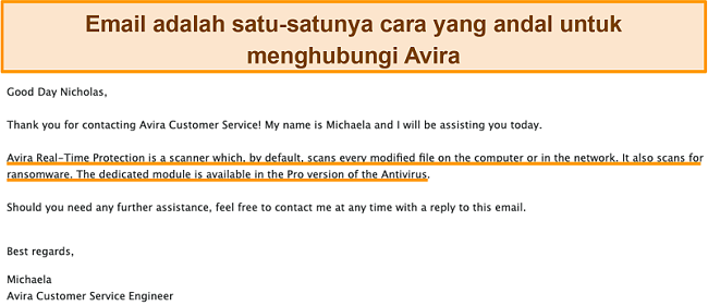 Tangkapan layar dari pertukaran email antara antivirus Avira dan pelanggan