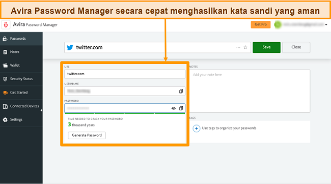 Tangkapan layar dari Avira Password Manager