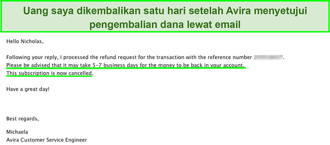 Tangkapan layar email dengan dukungan pelanggan Avira yang meminta pengembalian dana