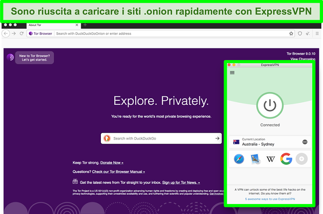 Screenshot di ExpressVPN connesso durante l'utilizzo del browser Tor
