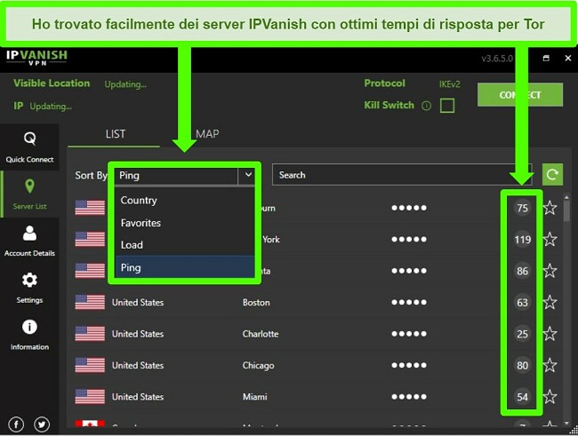 Screenshot che mostra il menu a discesa del server di IPVanish
