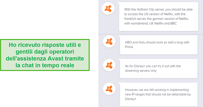 Screenshot di una chat dal vivo con un agente dell'assistenza Avast
