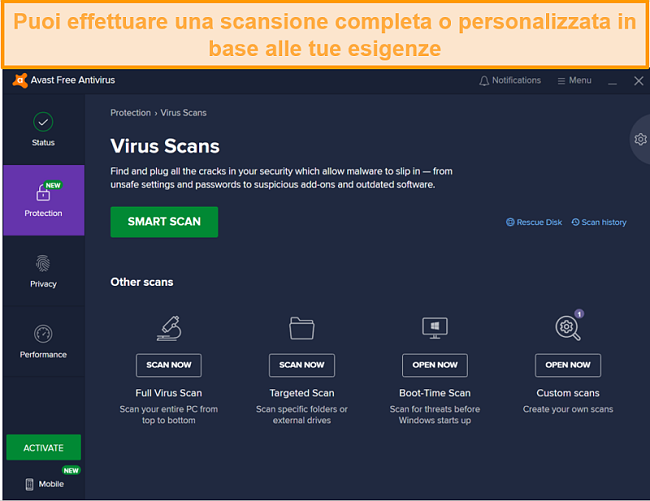 Panoramica delle scansioni delle minacce di Avast, dalla scansione di avvio alla scansione completa a livello di sistema.