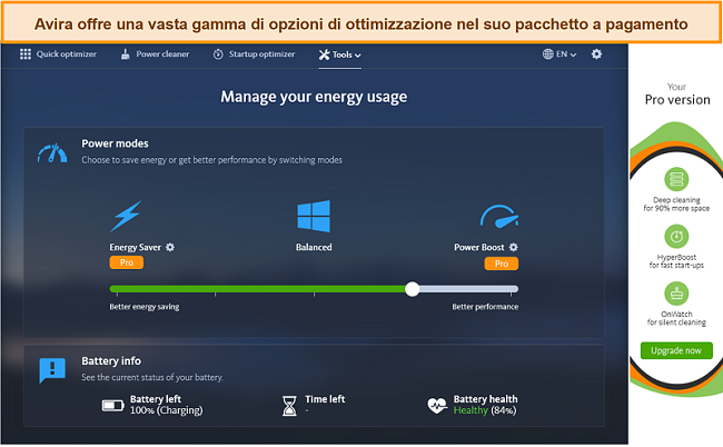 Screenshot dell'antivirus Avira e dei suoi strumenti di ottimizzazione sul premio pagato