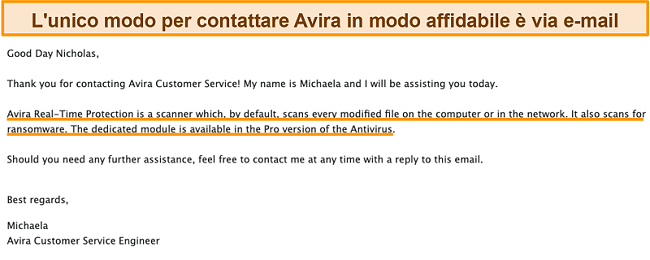 Screenshot di uno scambio di e-mail tra l'antivirus Avira e un cliente