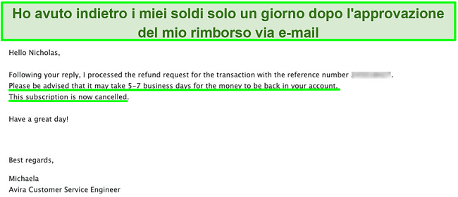 Screenshot dell'e-mail con l'assistenza clienti Avira che richiede un rimborso