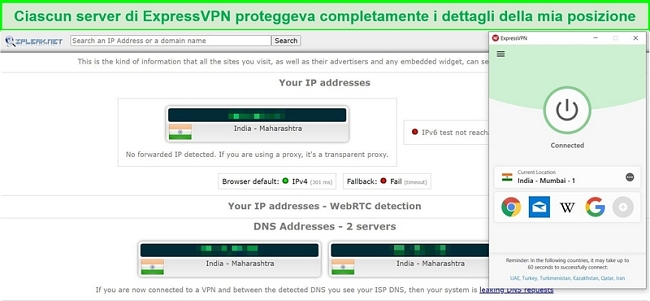 Screenshot di un test di tenuta IP e DNS sul server ExpressVPN in India