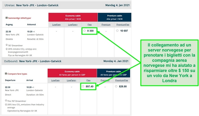 Confronto dei prezzi dei voli New York-Londra che mostrano differenze durante la connessione ai server in Norvegia e nel Regno Unito