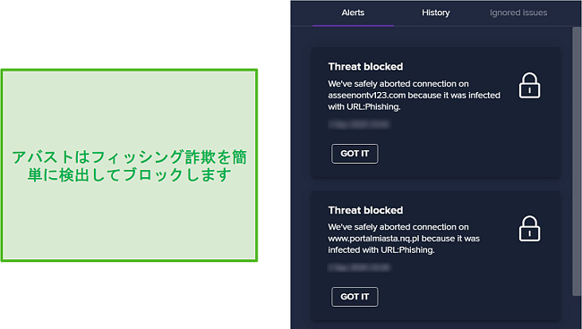 フィッシングドメインとそれらへのアクセスのブロックに関するアバスト警告のスクリーンショット。