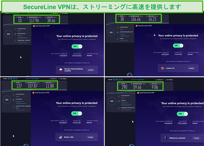 ポーランド、英国、米国、オーストラリアからのアバストのSecureLineVPN速度テストのスクリーンショット