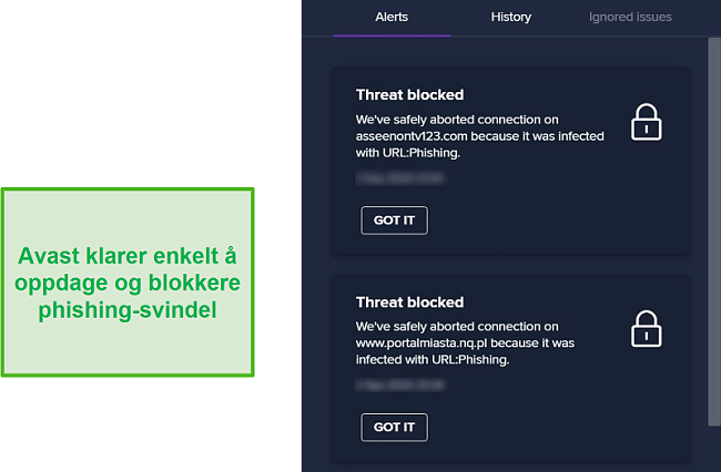 Skjermbilde av Avast-advarsel om phishing-domener og blokkerer tilgang til dem.