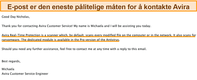 Skjermbilde av en e-postutveksling mellom Avira antivirus og en kunde