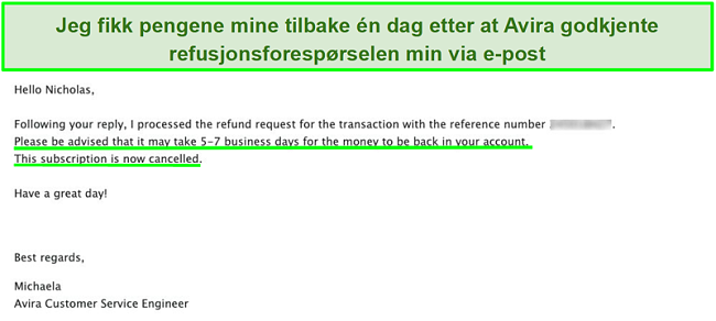 Skjermbilde av e-post med Avira kundesupport som ber om refusjon