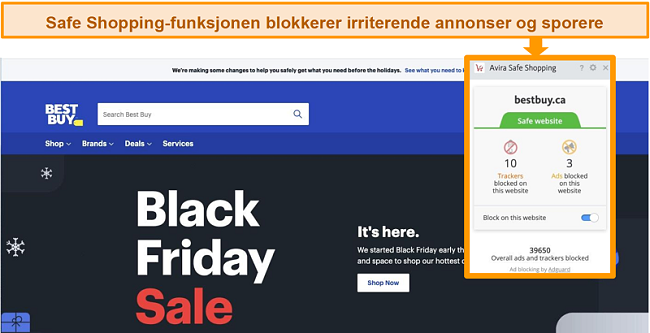 Skjermbilde av Avira Safe Shopping Extension som kjører på Best Buy