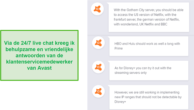 Screenshot van een livechat met een ondersteuningsmedewerker van Avast