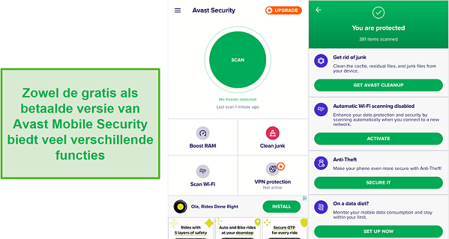 Screenshot van de mobiele app-functies van Avast.