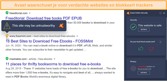 Schermafbeelding van de browserplug-in van Avast voor online beveiliging die waarschuwt voor een verdachte website