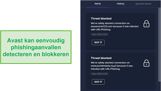 Screenshot van Avast-waarschuwing voor phishing-domeinen en blokkering van de toegang ertoe.