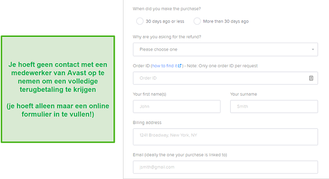 Screenshot van het aanmeldingsformulier voor terugbetaling van Avast.
