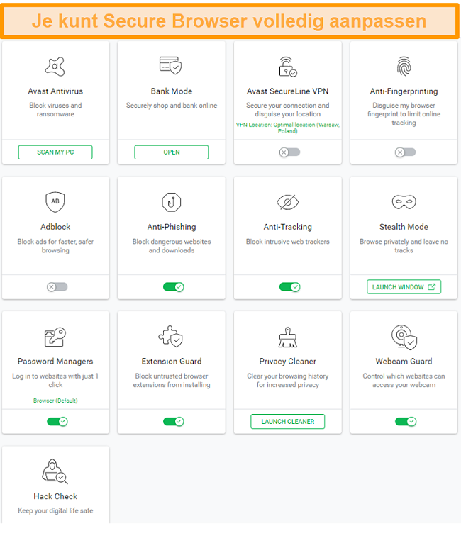 Screenshot van Avast's Secure Browser-opties.