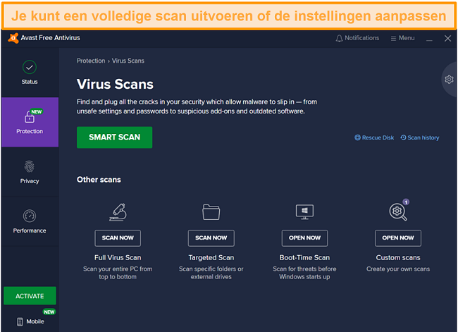 Overzicht van de dreigingsscans van Avast, van de opstartscan tot de systeembrede volledige scan.
