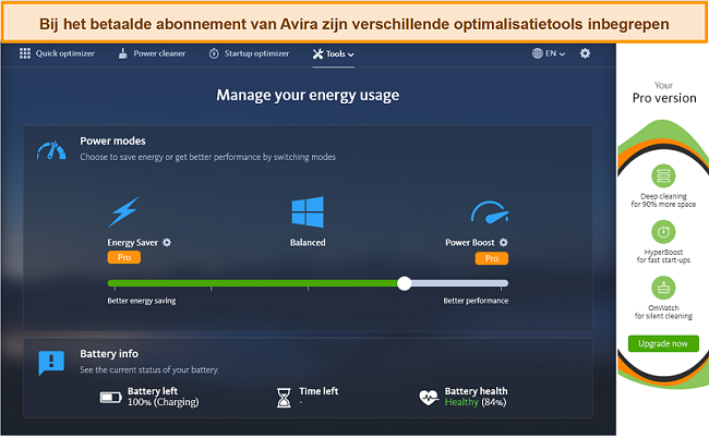 Screenshot van Avira antivirus en zijn optimalisatietools op de betaalde premie
