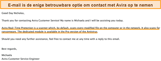 Screenshot van een e-mailuitwisseling tussen Avira antivirus en een klant