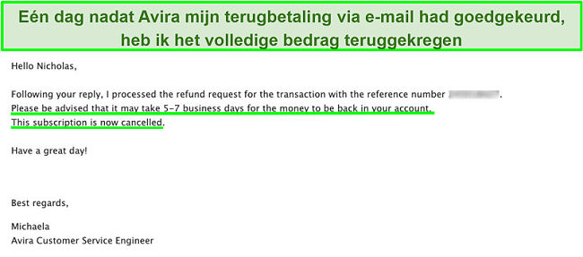 Schermafbeelding van e-mail met de klantenondersteuning van Avira waarin om terugbetaling wordt verzocht