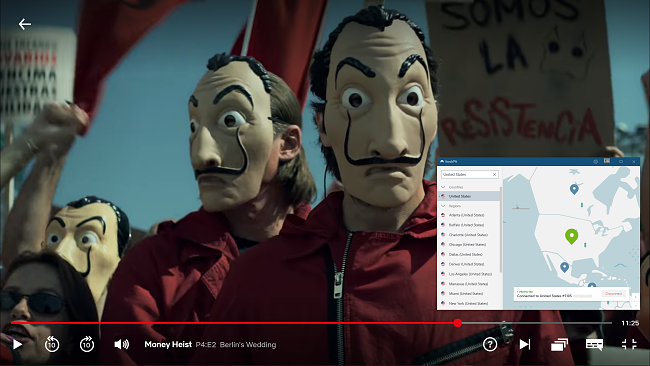 Screenshot of Money Heist playing on Netflix while NordVPN is connected to a server in the US