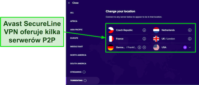 Zrzut ekranu przedstawiający serwery zoptymalizowane pod kątem P2P dostępne w sieci VPN Avast