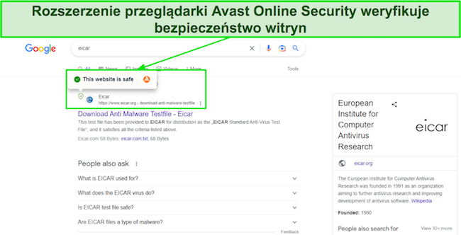 Zrzut ekranu przedstawiający rozszerzenie Avast Online Security oznaczające witrynę internetową jako bezpieczną