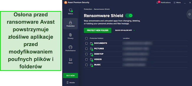 Zrzut ekranu przedstawiający listę chronionych folderów programu Avast Ransomware Shield