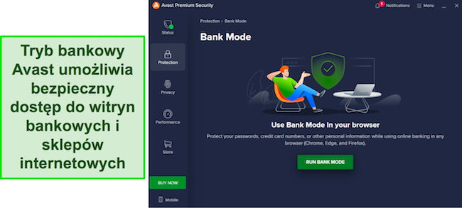 Zrzut ekranu przedstawiający funkcję trybu bankowego programu Avast