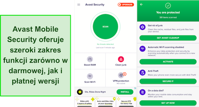 Zrzut ekranu przedstawiający interfejs aplikacji mobilnej Avast