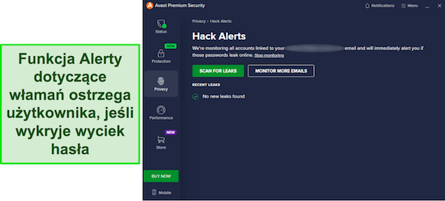 Zrzut ekranu przedstawiający funkcję Alarmy hakerskie Avast monitorującą adres e-mail